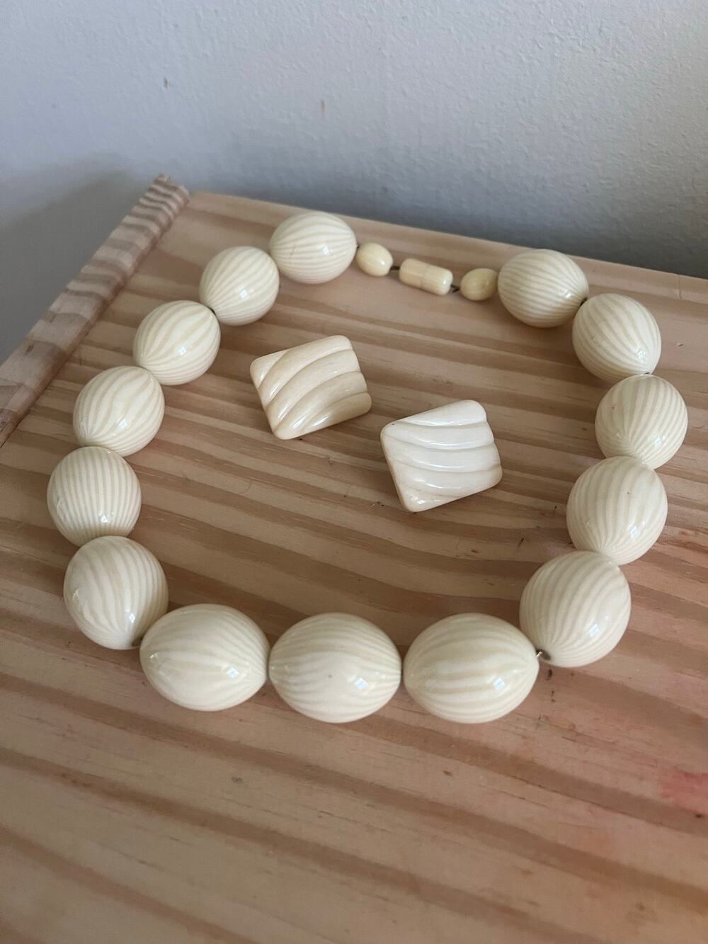Vintage Celluloid Set of Earrings & Necklace- Faux Ivory Beads with Tan Stripes